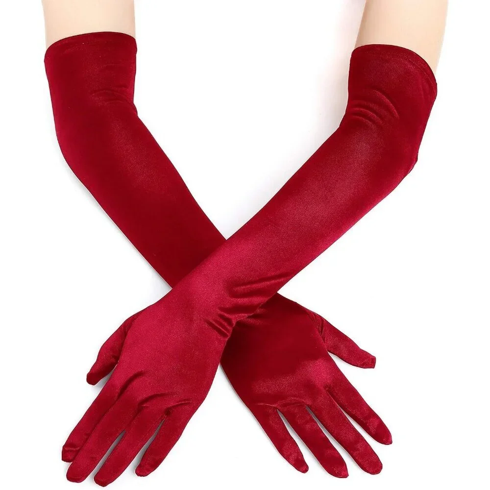 Women's Smooth Dark Red Long Satin Gloves Elbow Length Party Costume Accessory